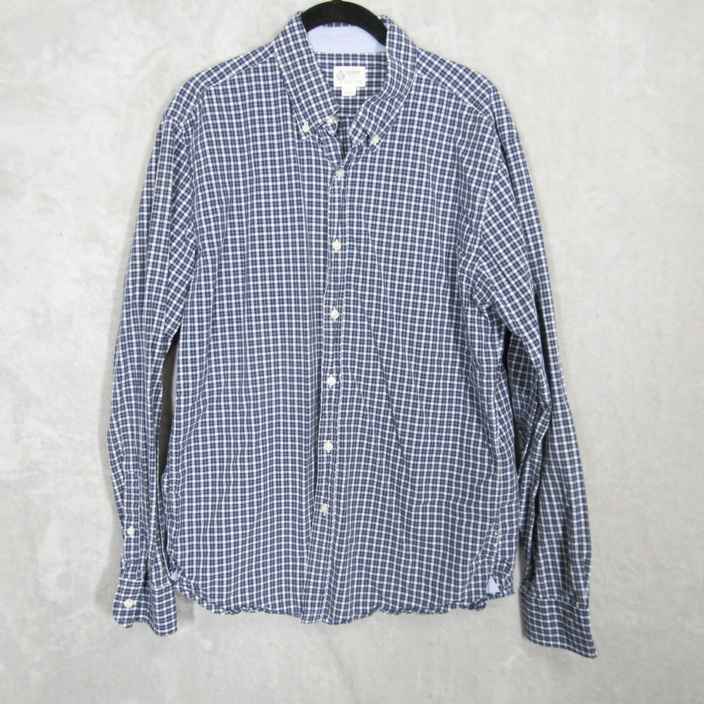 J.Crew Mens Large Plaid Button Down Long Sleeve Shirt - Blue, White Cotton